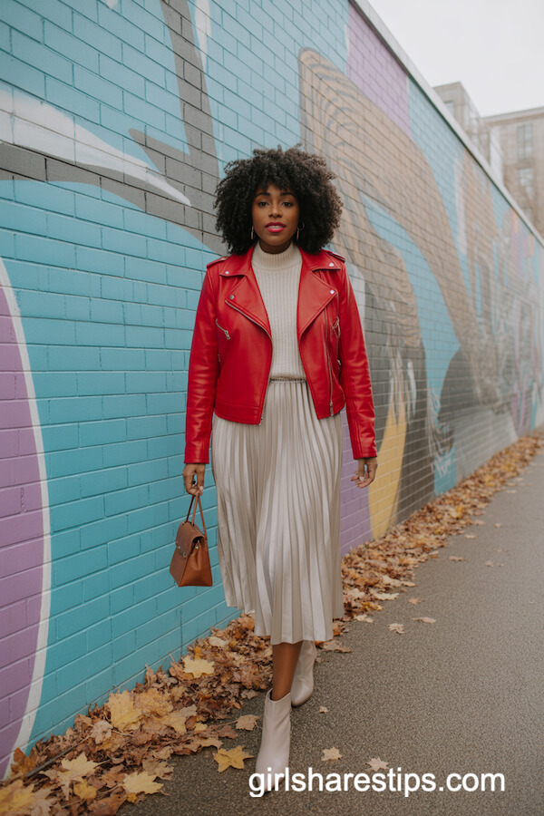 Bright Red Leather Jacket with Cream Top & Pleated Skirt