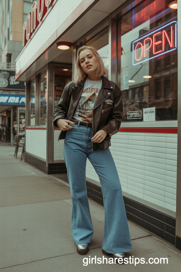 Vintage Brown Leather Jacket with Band Tee & Flared Jeans