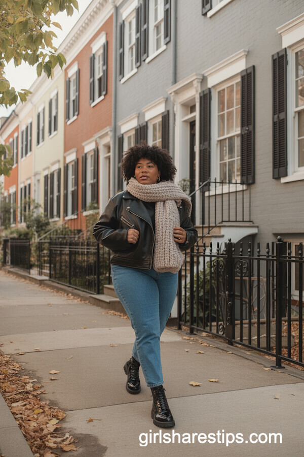 Black Leather Jacket with Chunky Scarf & Combat Boots