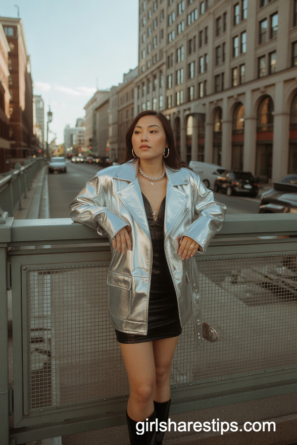 Silver Metallic Leather Jacket with Black Mini Dress
