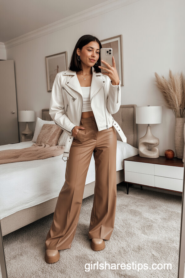 White Leather Jacket with Crop Top & Wide-Leg Pants