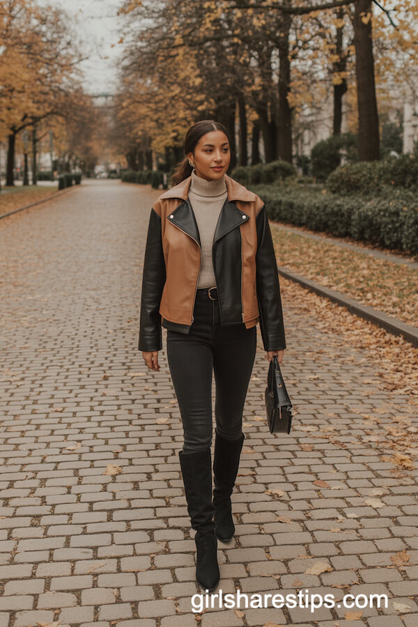 Two-Tone Leather Jacket with Turtleneck & Skinny Jeans
