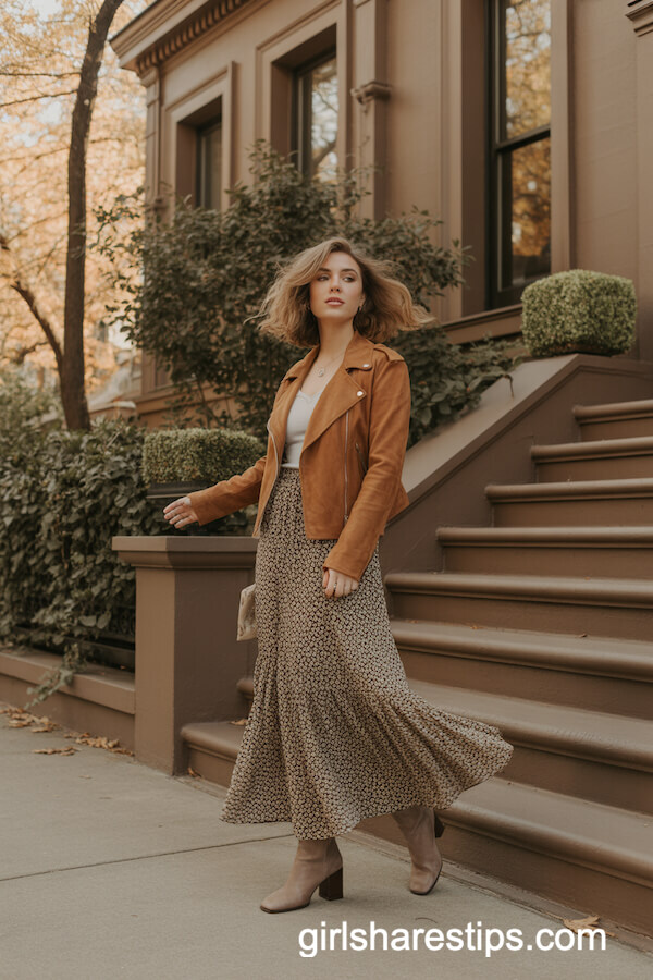Tan Suede Leather Jacket with Printed Maxi Skirt