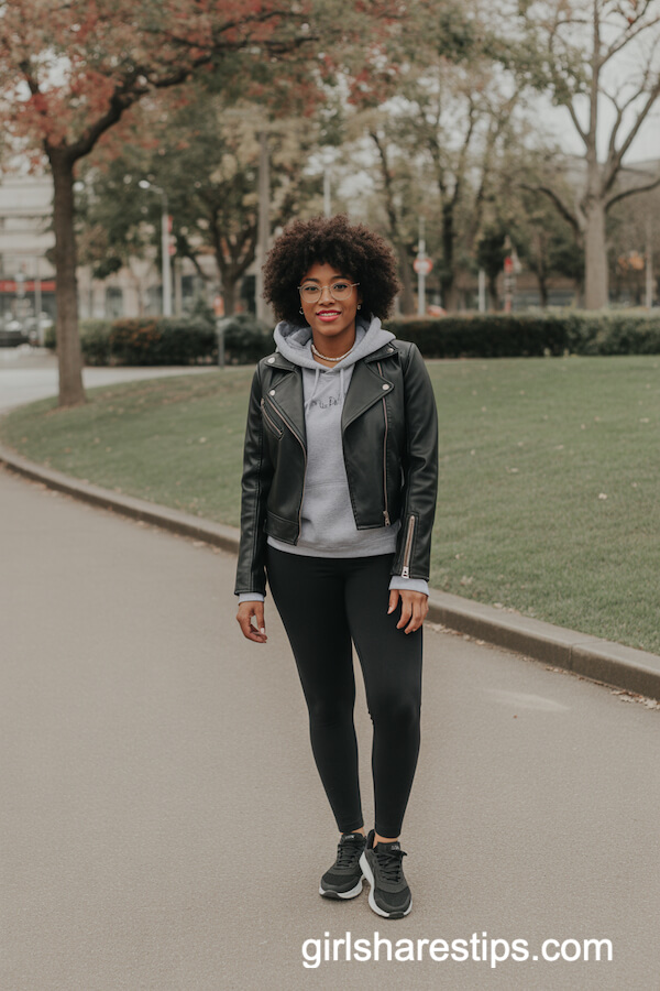 Black Leather Biker Jacket with Hoodie & Leggings
