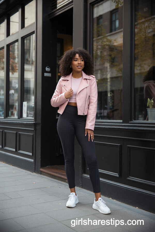 Pastel Pink Leather Jacket with Matching Crop Top & Leggings