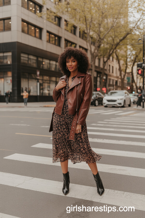 Trendy Brown Leather Jacket with Floral Dress
