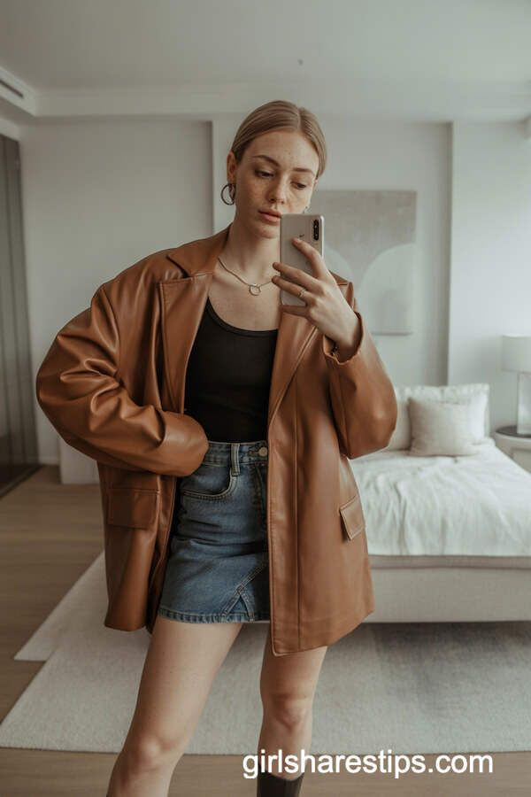 Oversized Brown Leather Jacket with Denim Mini Skirt