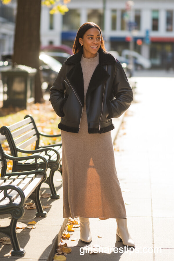 Shearling-Lined Aviator Jacket with Sweater & Knit Skirt
