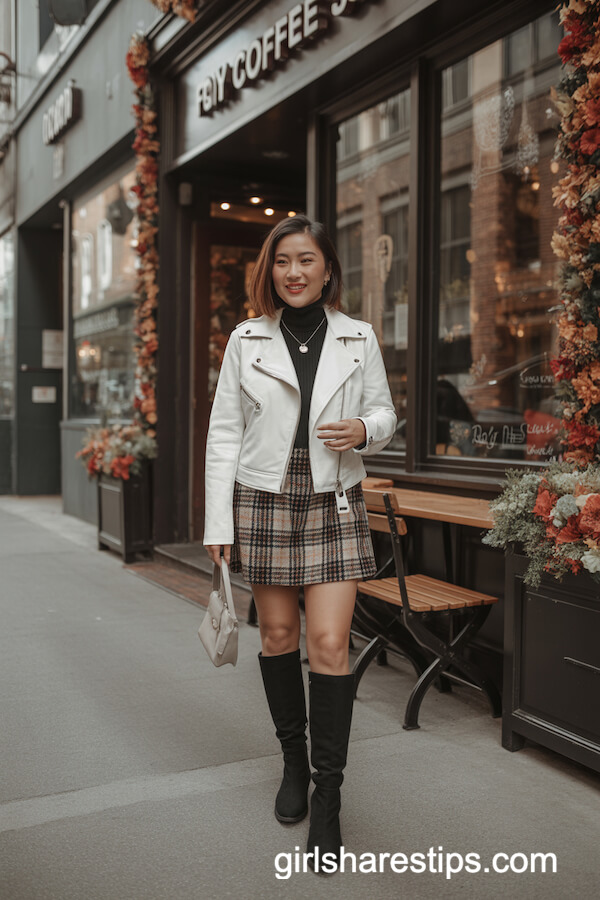 White Leather Jacket with Plaid Skirt & Turtleneck
