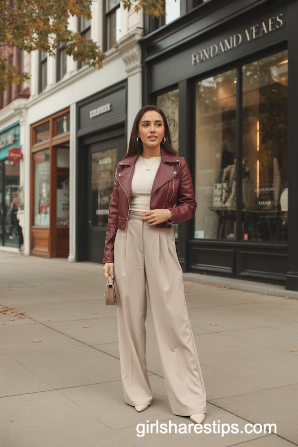 Burgundy Leather Jacket with Cream Top & Wide-Leg Trousers