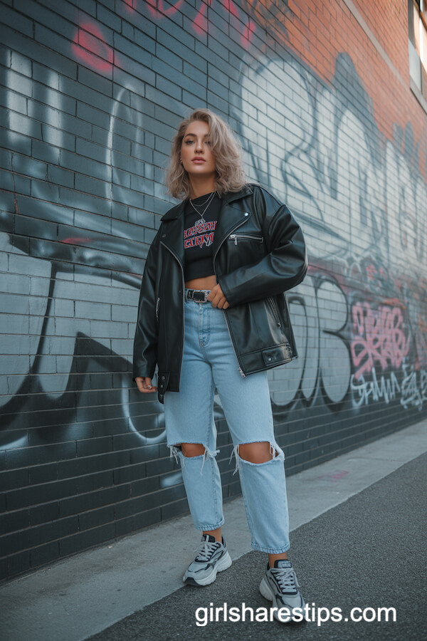 Oversized Black Leather Jacket with Graphic Tee & Ripped Jeans