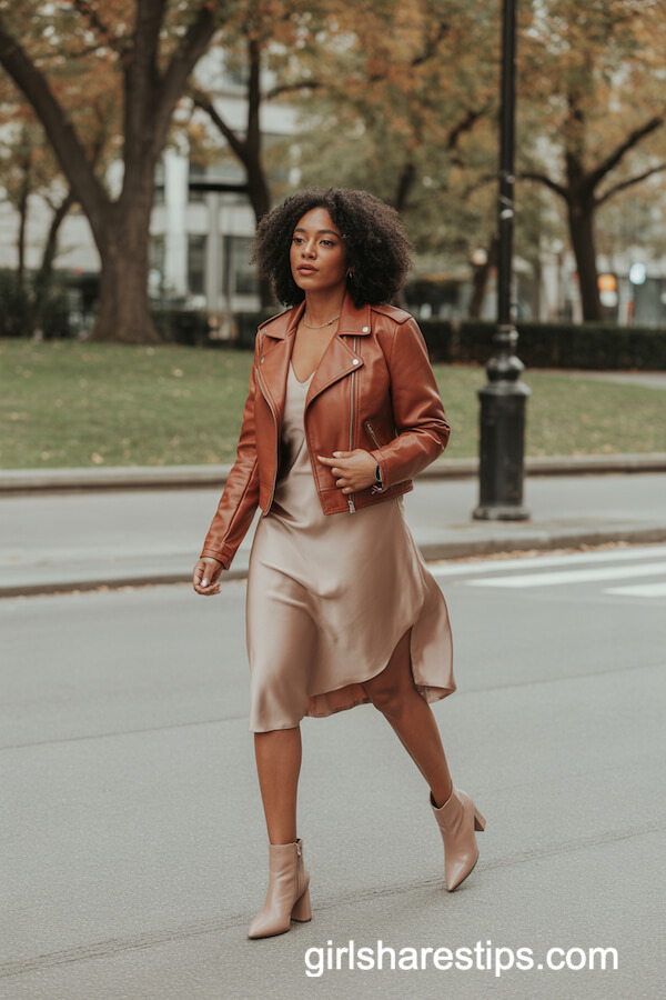 Cognac Leather Jacket with Slip Dress & Ankle Boots