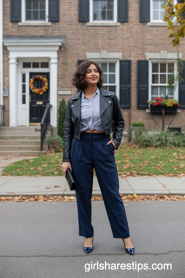 Cropped Black Leather Jacket with Striped Blouse & Navy Trousers