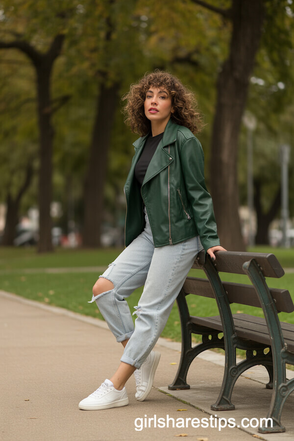 Forest Green Leather Jacket with Black Tee & Distressed Jeans