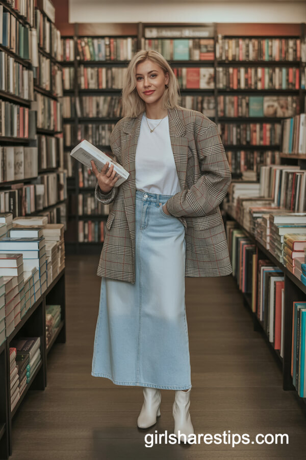 Plaid Blazer with White Tee and Skirt