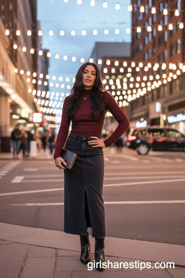 Burgundy Knit Top and Dark Denim Skirt