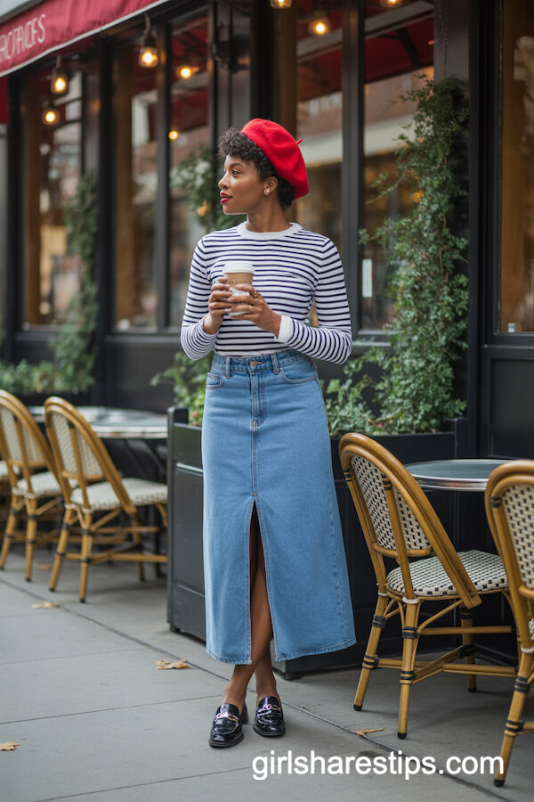Striped Sweater and Red Beret Outfit