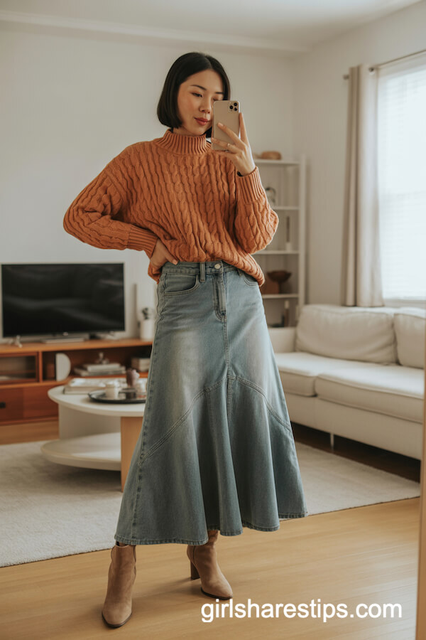 Chunky Orange Sweater with Flared Skirt