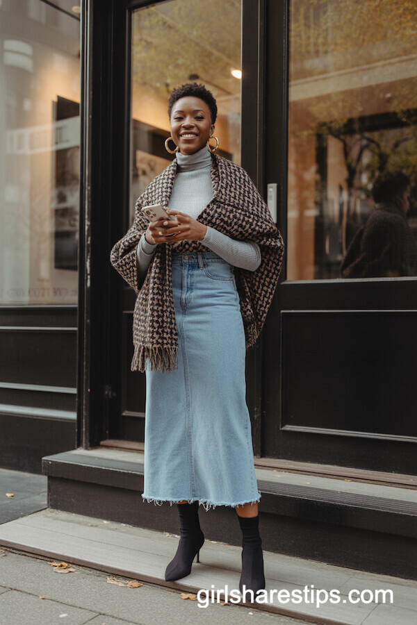 Patterned Scarf with Fitted Turtleneck