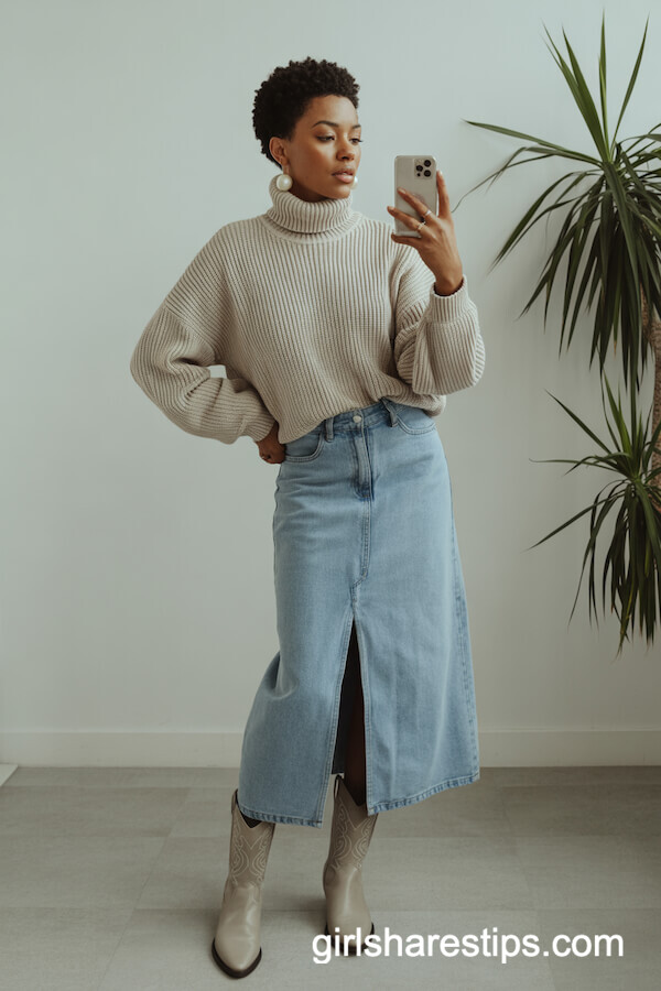 Chunky Turtleneck with Pearl Earrings