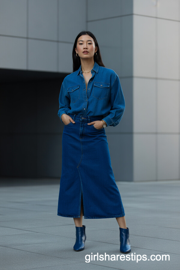 Double Denim Shirt and Skirt Ensemble