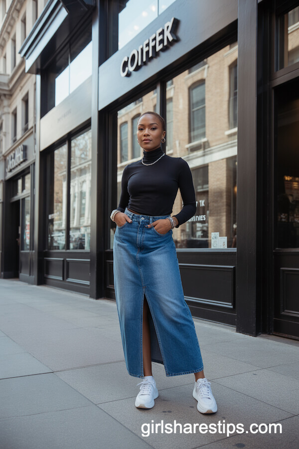 Black Turtleneck and Dark-Wash Skirt Combo