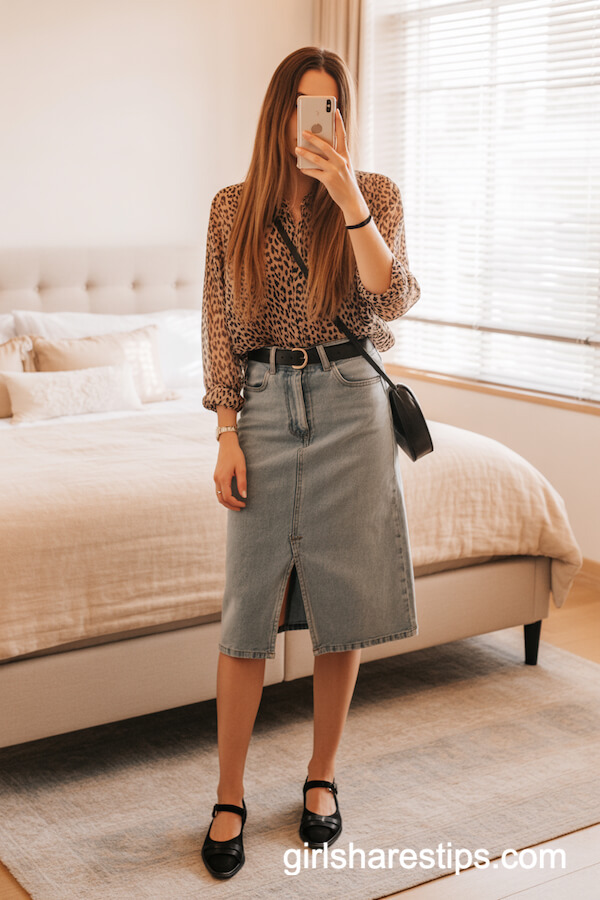 Leopard Print Blouse and Belted Skirt