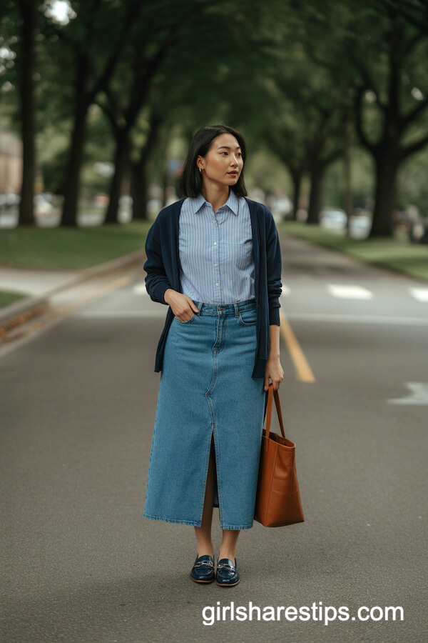 Striped Shirt and Navy Cardigan Ensemble