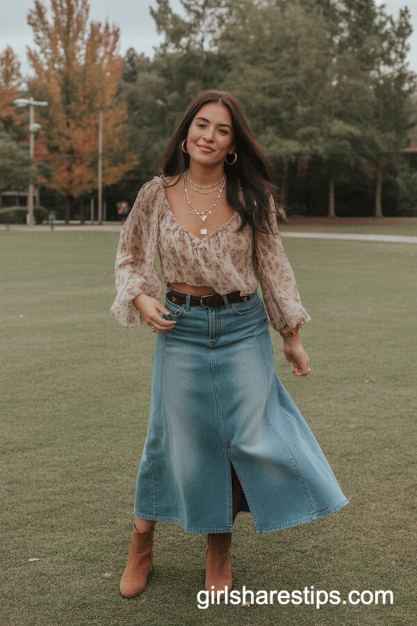 Flowy Floral Blouse with Faded Denim Skirt