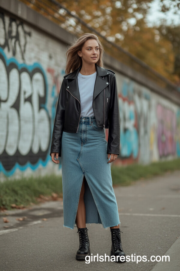 Leather Jacket and Raw-Hem Skirt Outfit