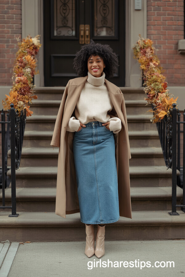 Wool Coat Draped Over Cream Turtleneck