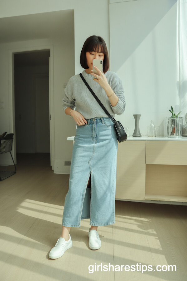 Grey Sweater and Light-Wash Skirt Look