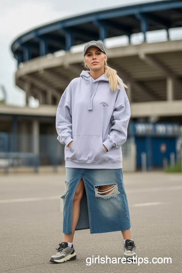 Sporty Hoodie with Distressed Denim Skirt