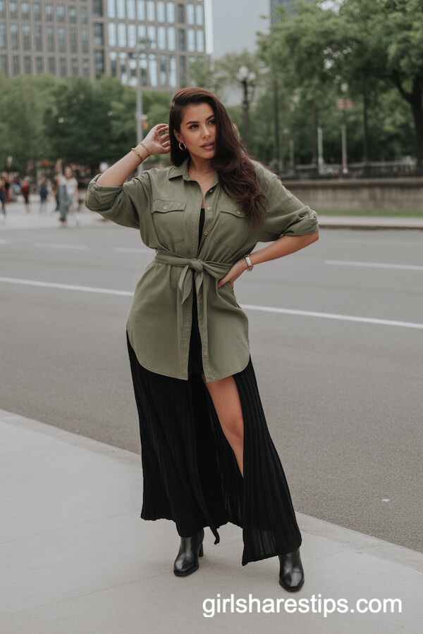 Belted Shirt Dress with Black Maxi Skirt