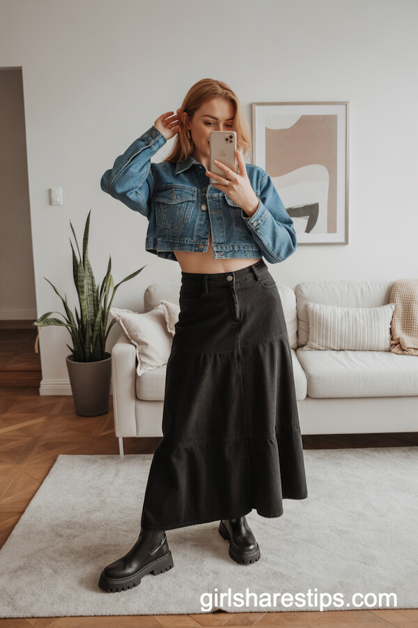 Cropped Denim Jacket Black Maxi Skirt