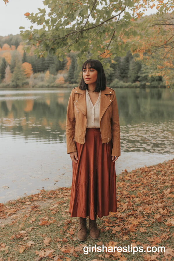 Suede Moto Jacket Rust Maxi Skirt