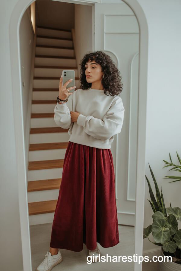 Sweatshirt and Corduroy Maxi Skirt
