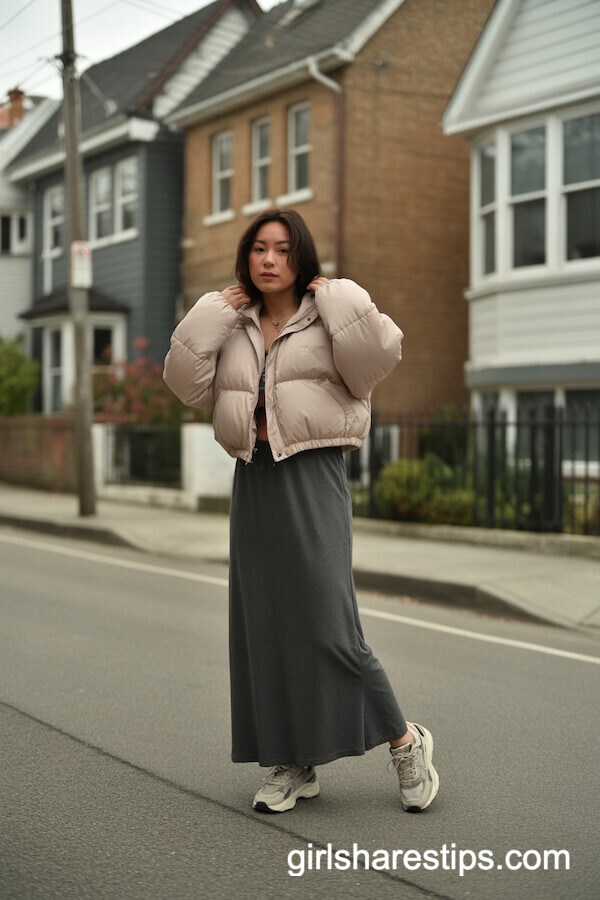 Cropped Puffer Jacket Jersey Maxi Skirt