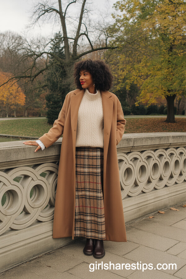 Wool Coat Plaid Maxi Skirt