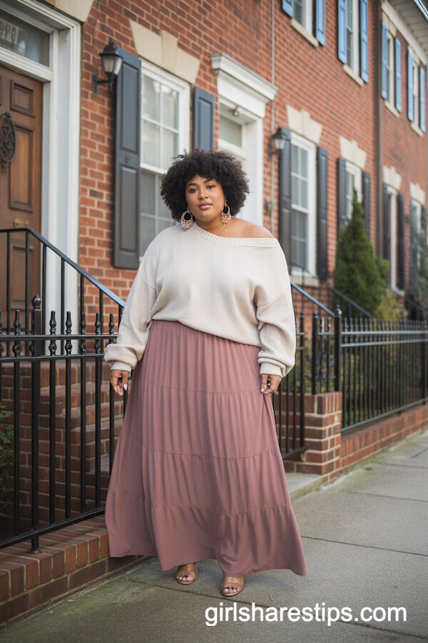 Off-Shoulder Sweater Tiered Maxi Skirt