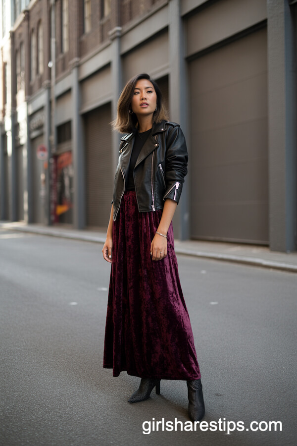 Leather Moto Jacket Velvet Maxi Skirt