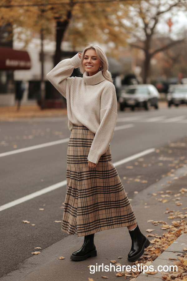 Chunky Knit Sweater with Plaid Maxi Skirt