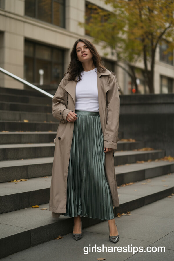 Trench Coat Layered Over Satin Maxi Skirt