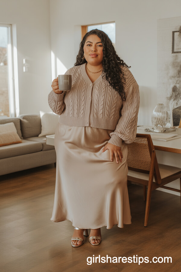 Cable-Knit Cardigan Satin Slip Maxi Skirt