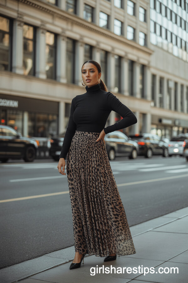 Fitted Turtleneck Animal Print Maxi Skirt