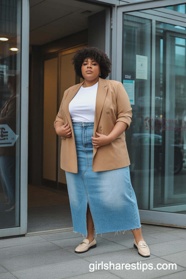 Tailored Blazer with Denim Maxi Skirt