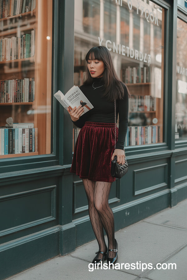 Burgundy Velvet Mini Skirt with Sheer Tights