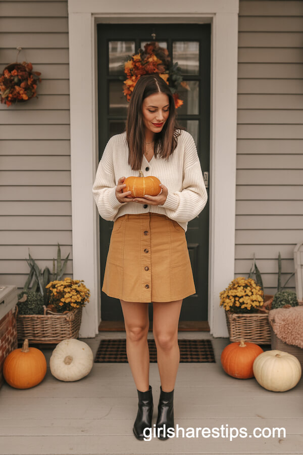 Mustard Mini Skirt with White Cardigan