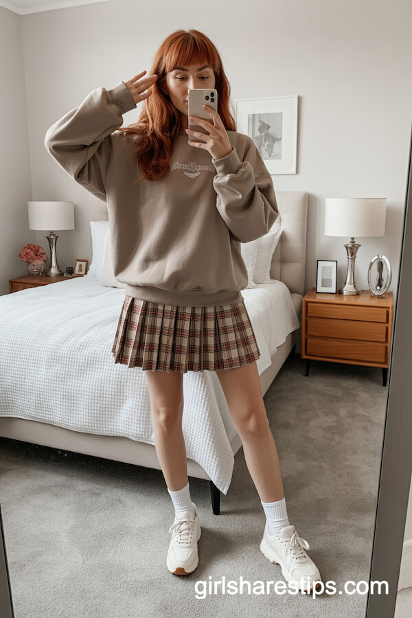 Plaid Tennis Mini Skirt with Crewneck Sweatshirt