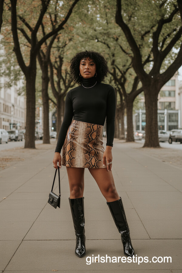 Faux Snakeskin Mini Skirt with Black Bodysuit